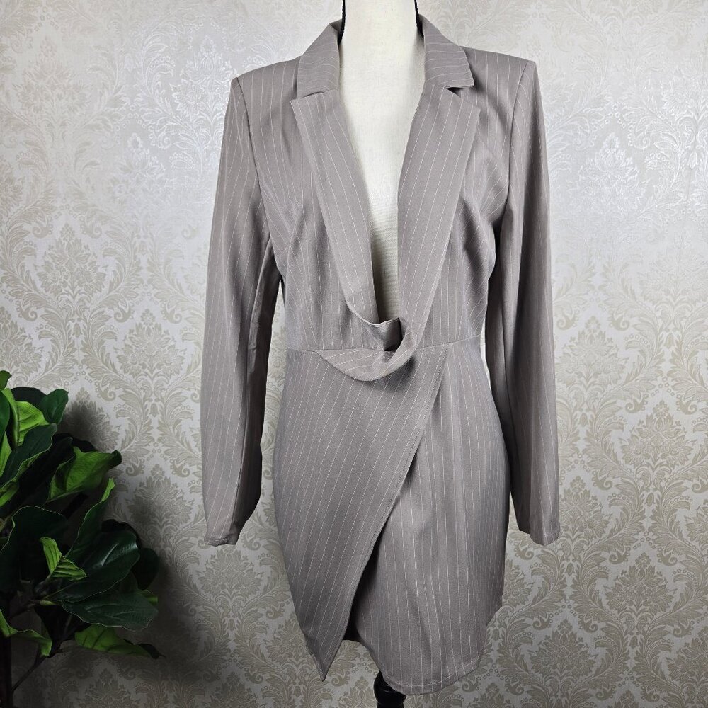 Pretty Little Things Size 10 Stone Pinstripe Plunge Blazer Dress Faux Wrap Style